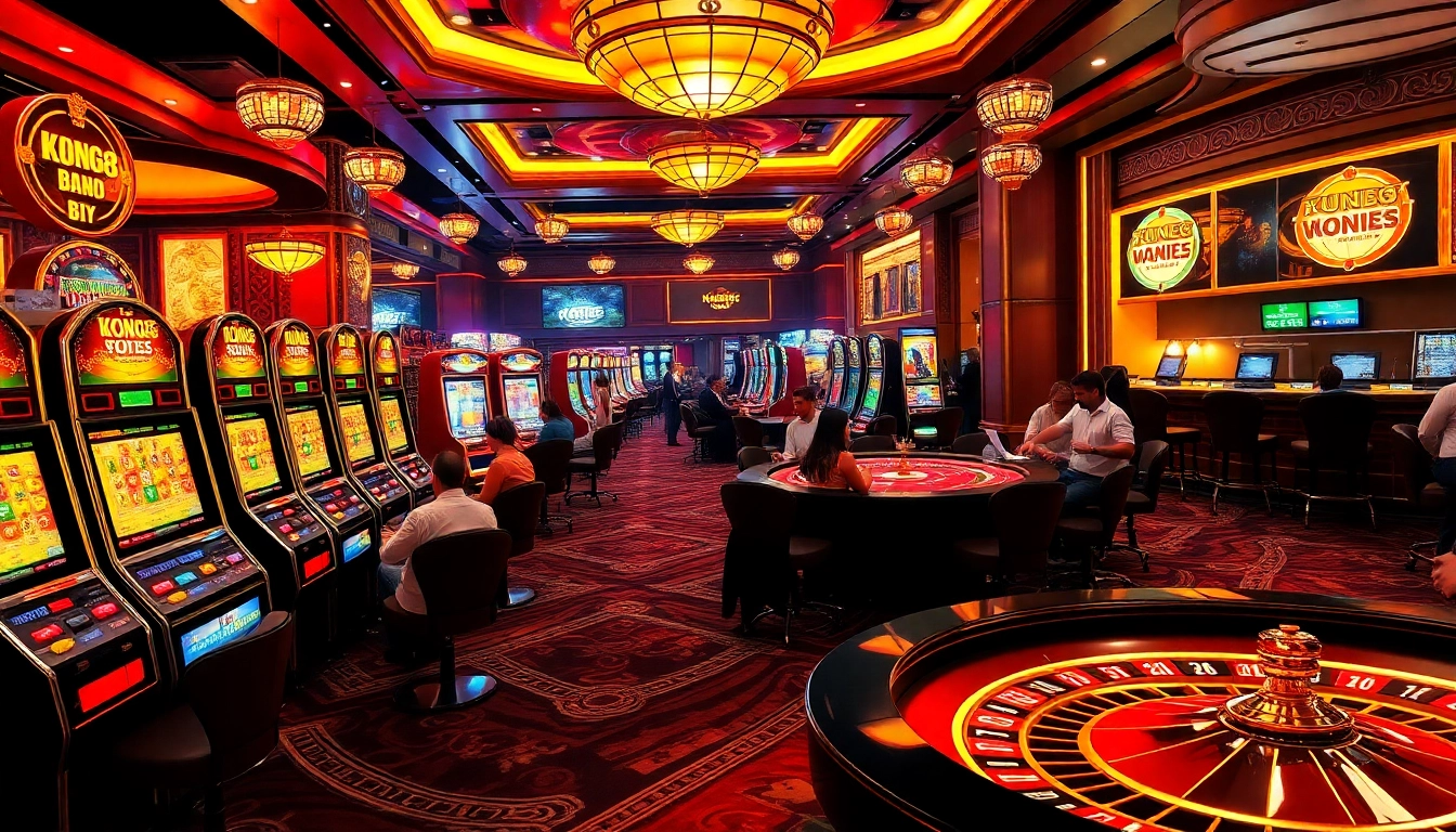 KONG88 players enjoying an exhilarating night at the casino with vibrant slot machines and poker tables.