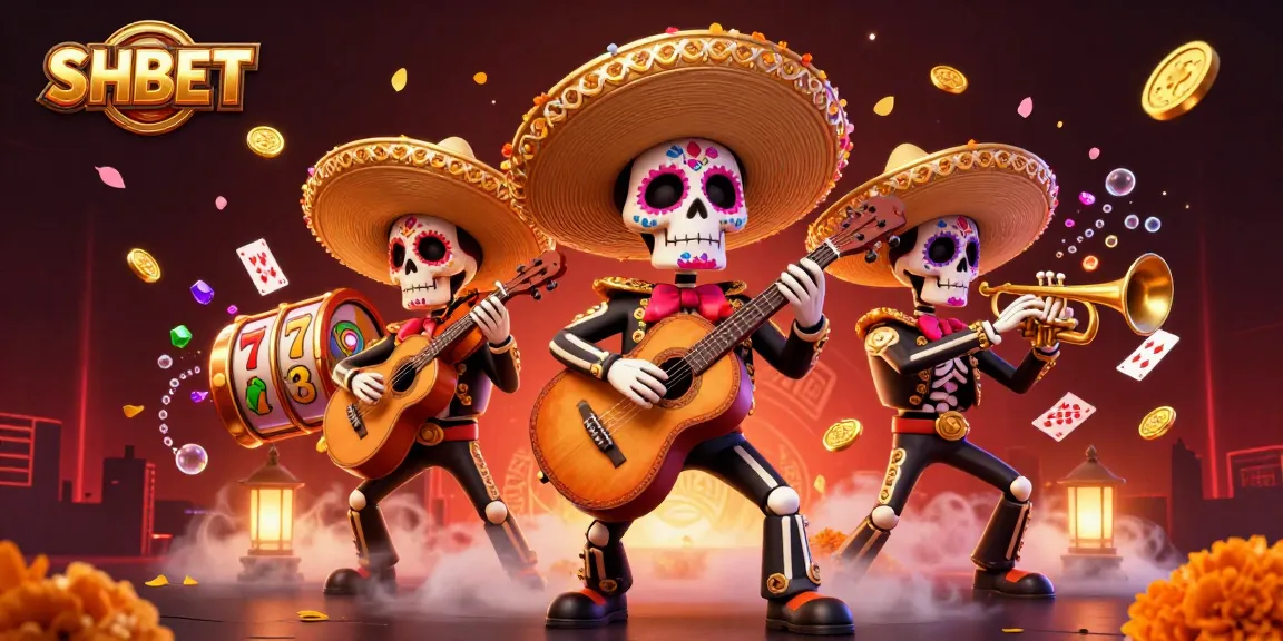 Play with SHBET's exciting slot games amidst a vibrant mariachi band atmosphere.