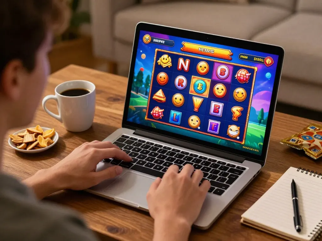 Player enjoying LGOSUPER slot games on a laptop in a cozy home setting, immersed in gameplay.