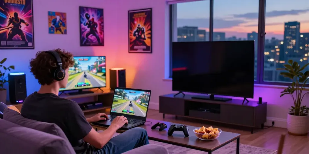 A young adult gaming with akunjp in a colorful, engaging living room.