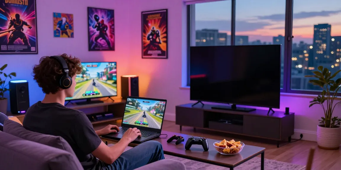 A young adult gaming with akunjp in a colorful, engaging living room.