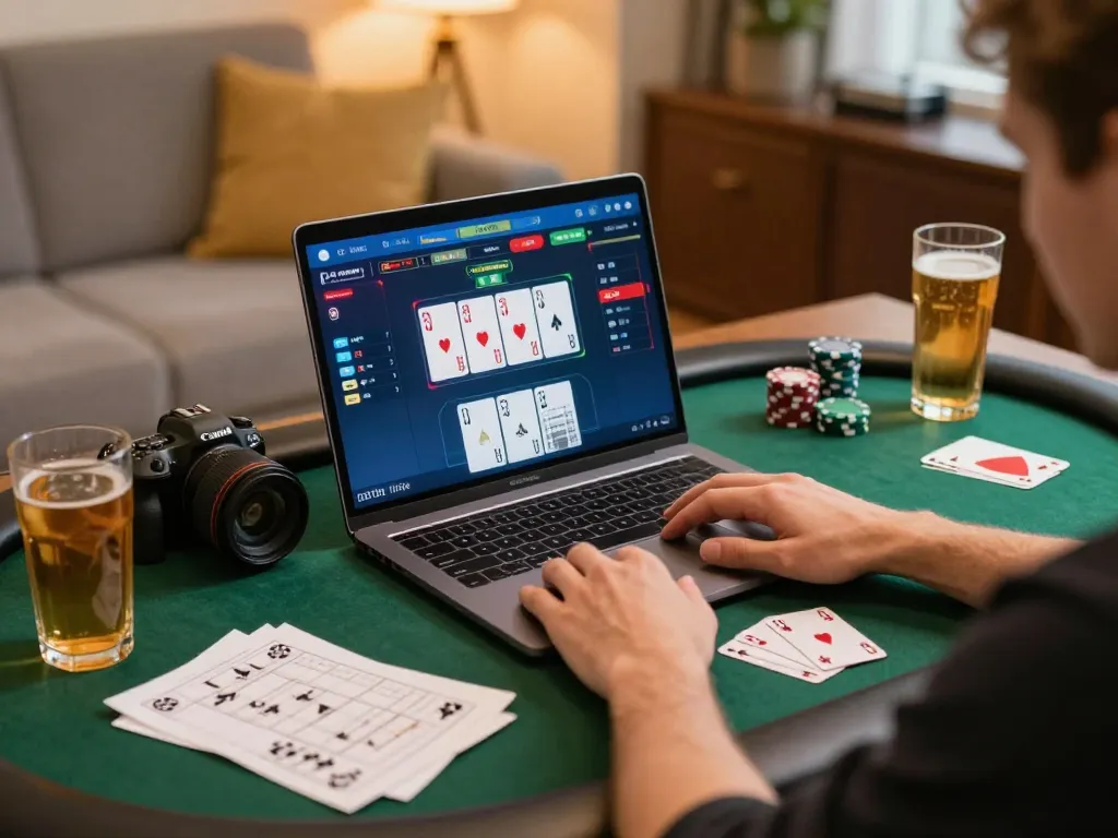KADAL778 player strategizing online poker with laptop illuminated, showcasing responsible gaming.
