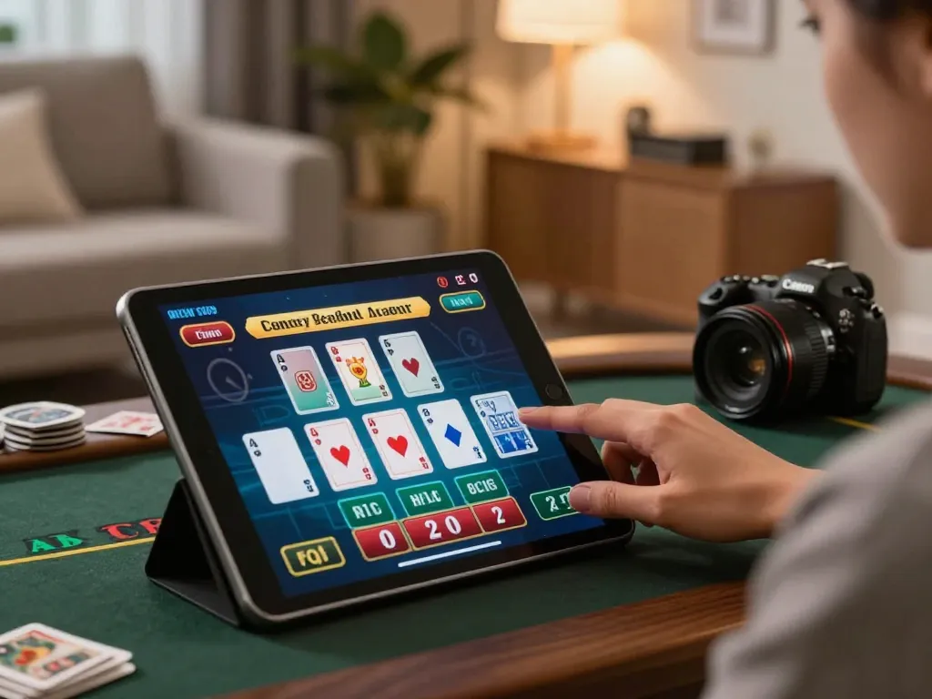 Engaged in online casino gaming, decoubertin strategy on a tablet, comfortable home atmosphere.