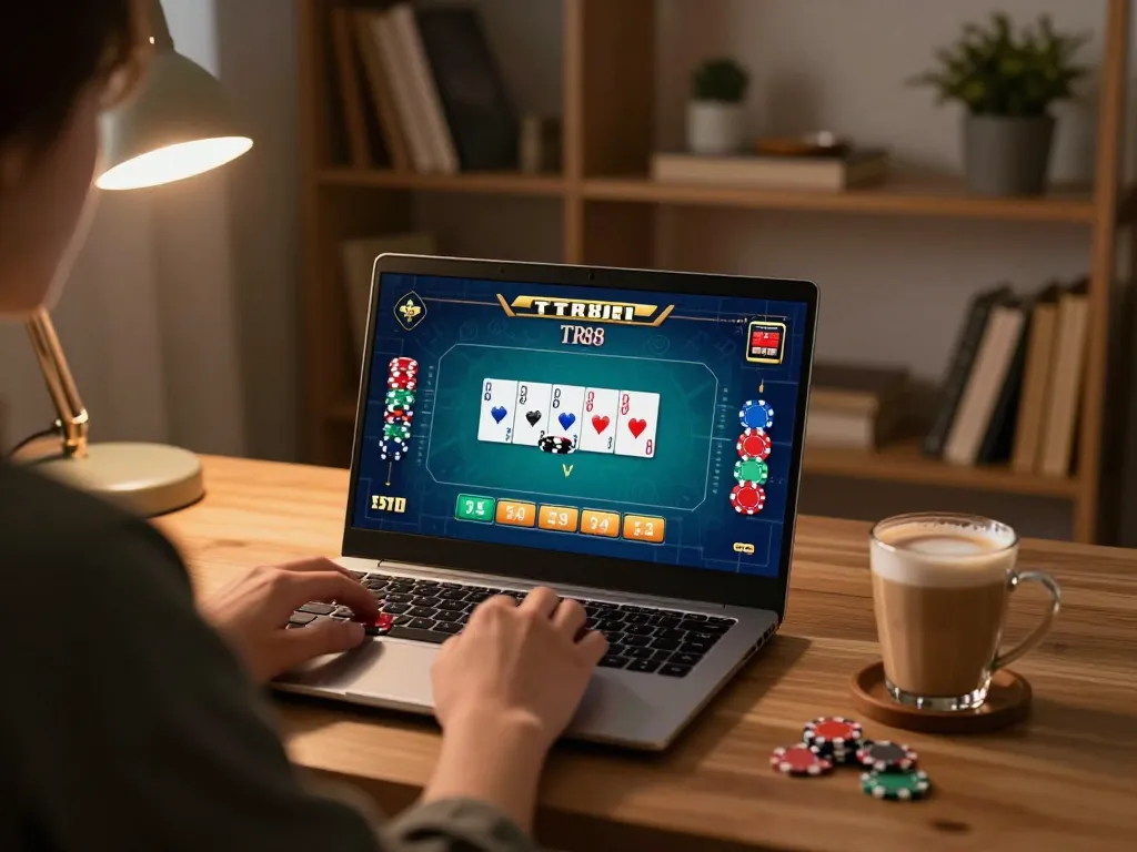 Enjoy engaging in the TR88 game with a cozy home gaming setup including poker on laptop.