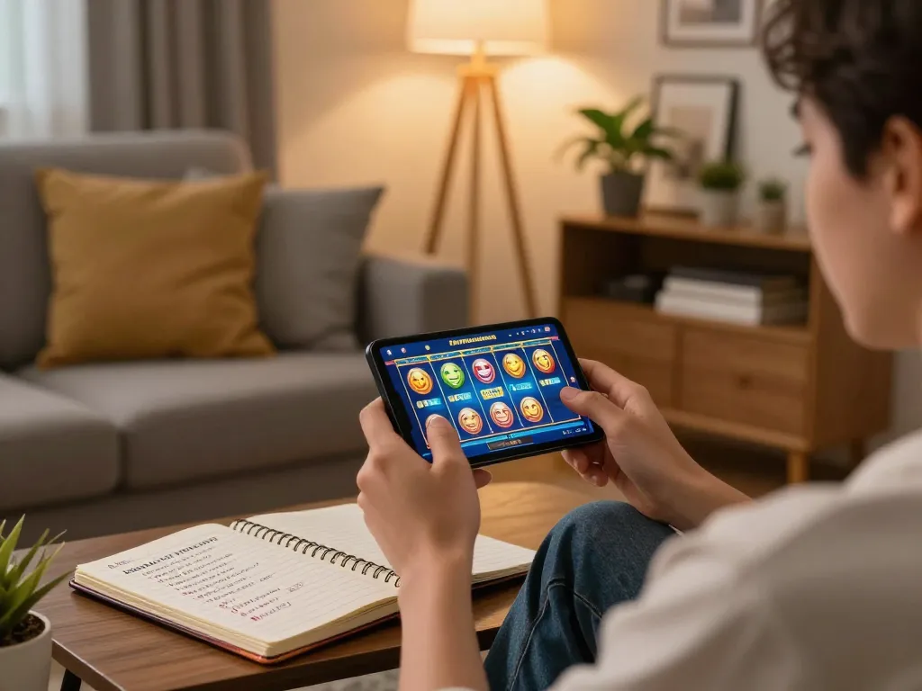 Playing slot terpercaya on mobile device in a cozy home atmosphere, illustrating online gaming convenience.