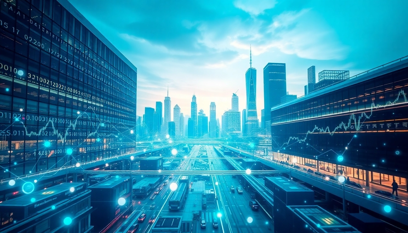 Actualité de la finance décentralisée illustrée par une ville moderne et des technologies blockchain.