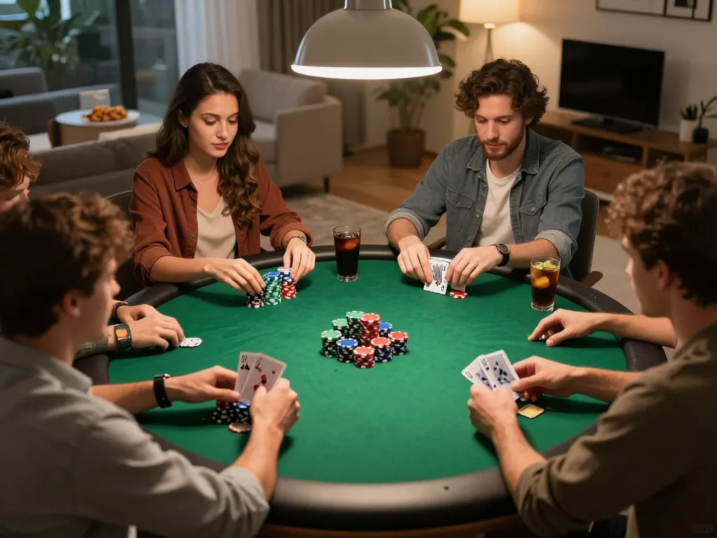 Join friends in an exciting poker night at home with PERI11, showcasing competitive gameplay and camaraderie.
