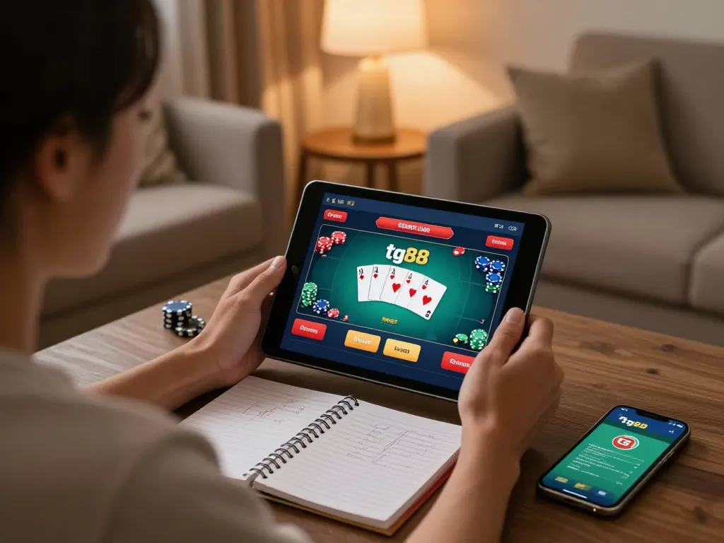 Engaging with the tg88 poker interface on a tablet in a cozy home setting.