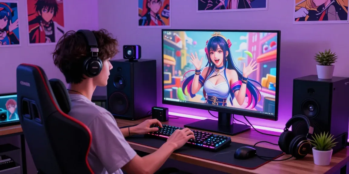 Engaging user in a hentai chat with vibrant anime character on screen and gaming setup.