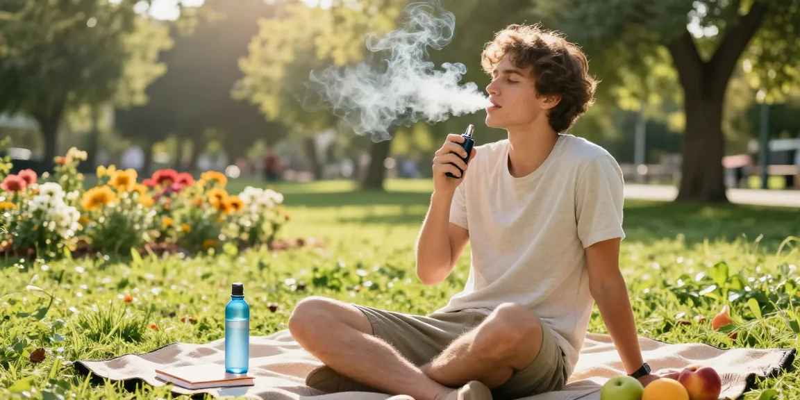 The legal age to vape in Cyprus is observed by young adults enjoying a vape in nature, promoting responsible vaping alongside wellness activities.