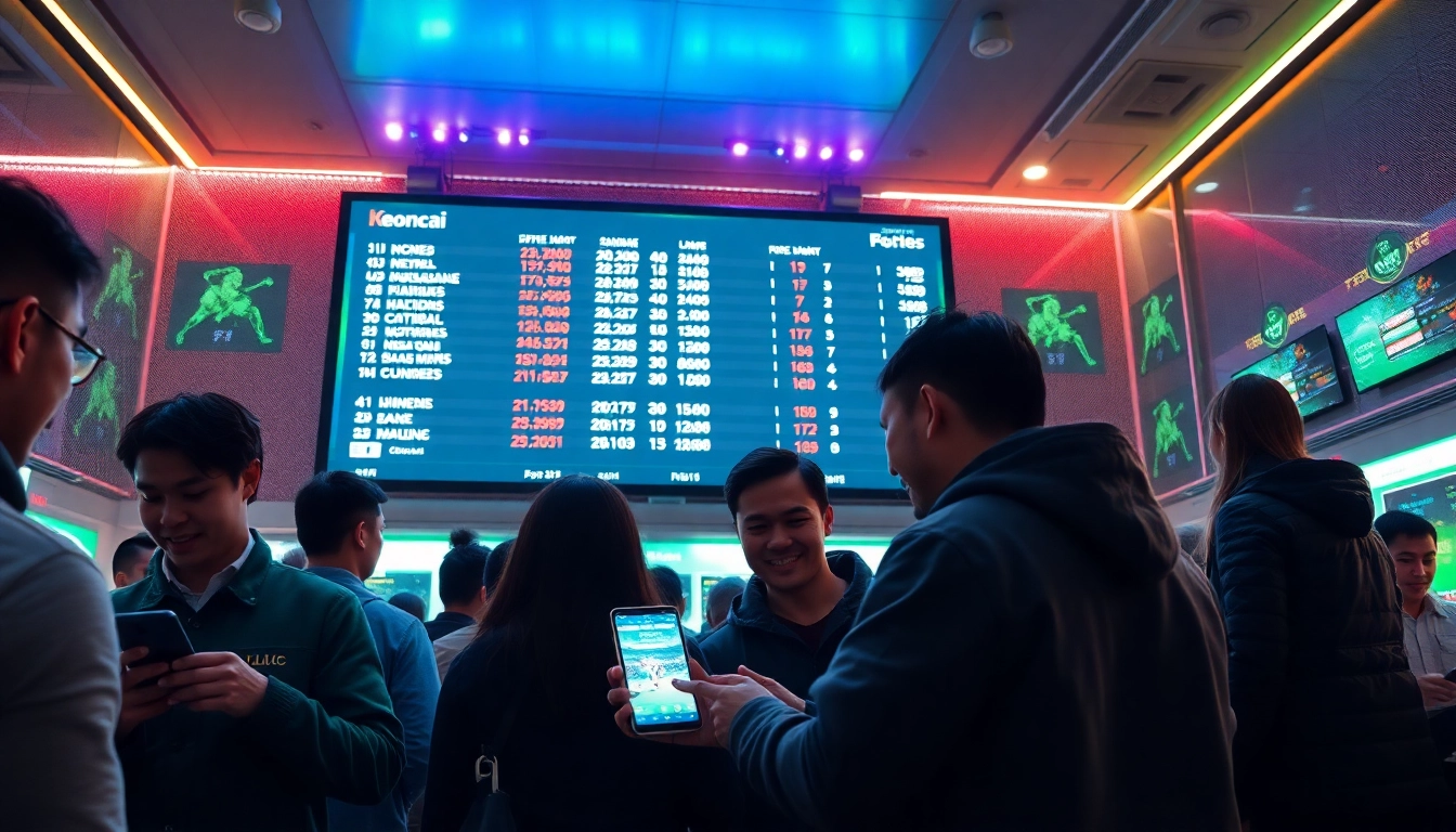 Engaged bettors analyzing keonhacai odds in a modern sports betting environment