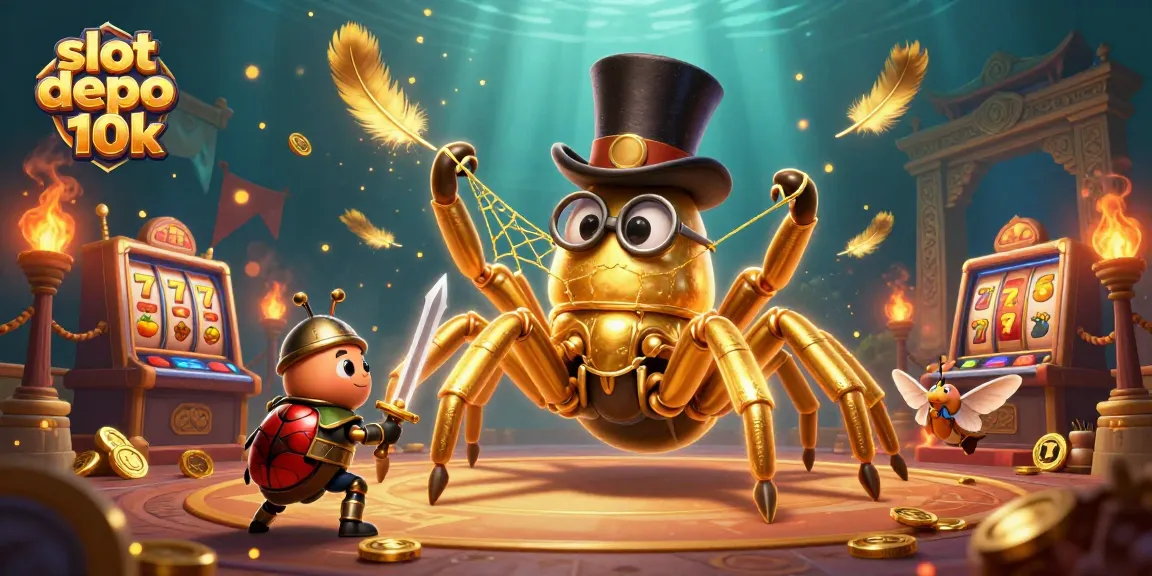 Experience the excitement of slot depo 10k with a giant tarantula and knight in a vibrant casino environment.