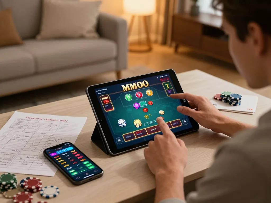Player enjoying a strategic gaming experience with MMOO online casino app on tablet in a cozy living room.