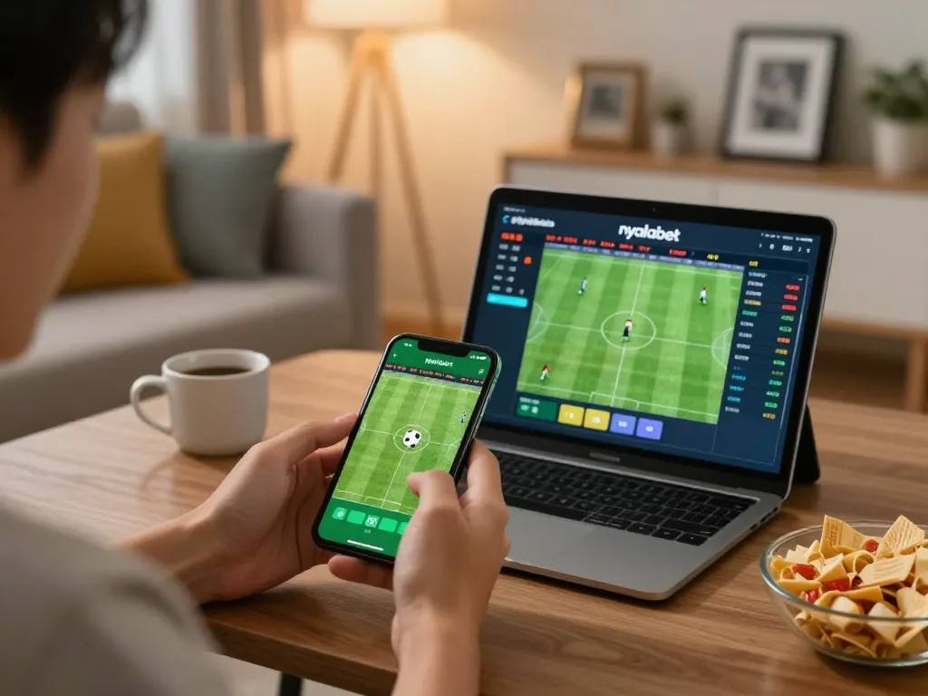 Betting on football match using nyalabet app on smartphone in cozy home setting