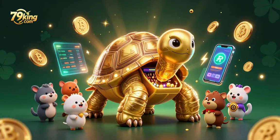 Engage with 79king com amidst a lively scene of a golden tortoise pinball machine and crypto elements.