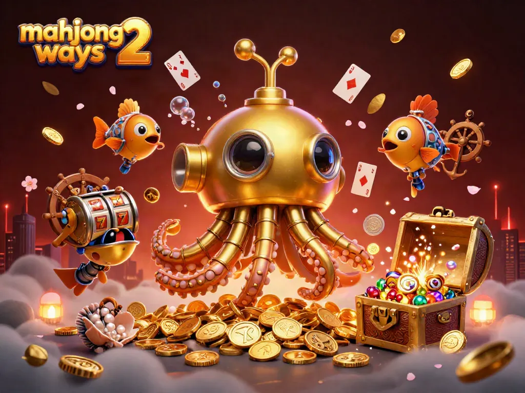 Engage with Mahjong Ways 2 in a vibrant 3D underwater casino scene filled with golden treasures and whimsical characters.