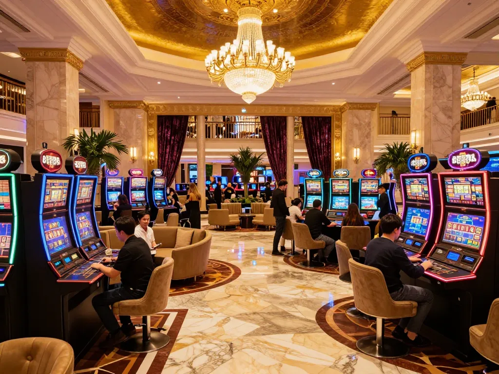 RR88 users experiencing excitement in an upscale casino lobby with vibrant gaming atmosphere.