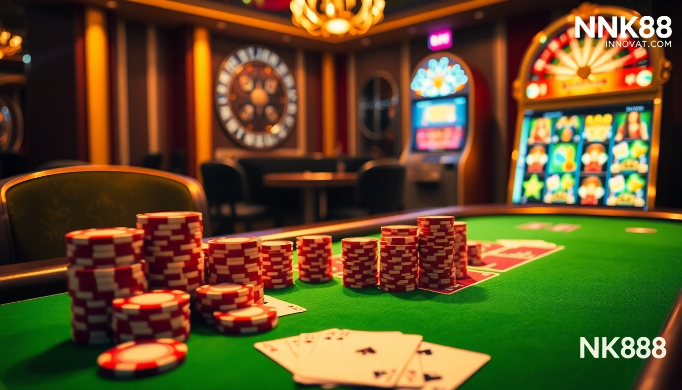 Engage in high-stakes gambling at nk88.fyi with a luxurious casino atmosphere featuring cards, chips, and excitement.