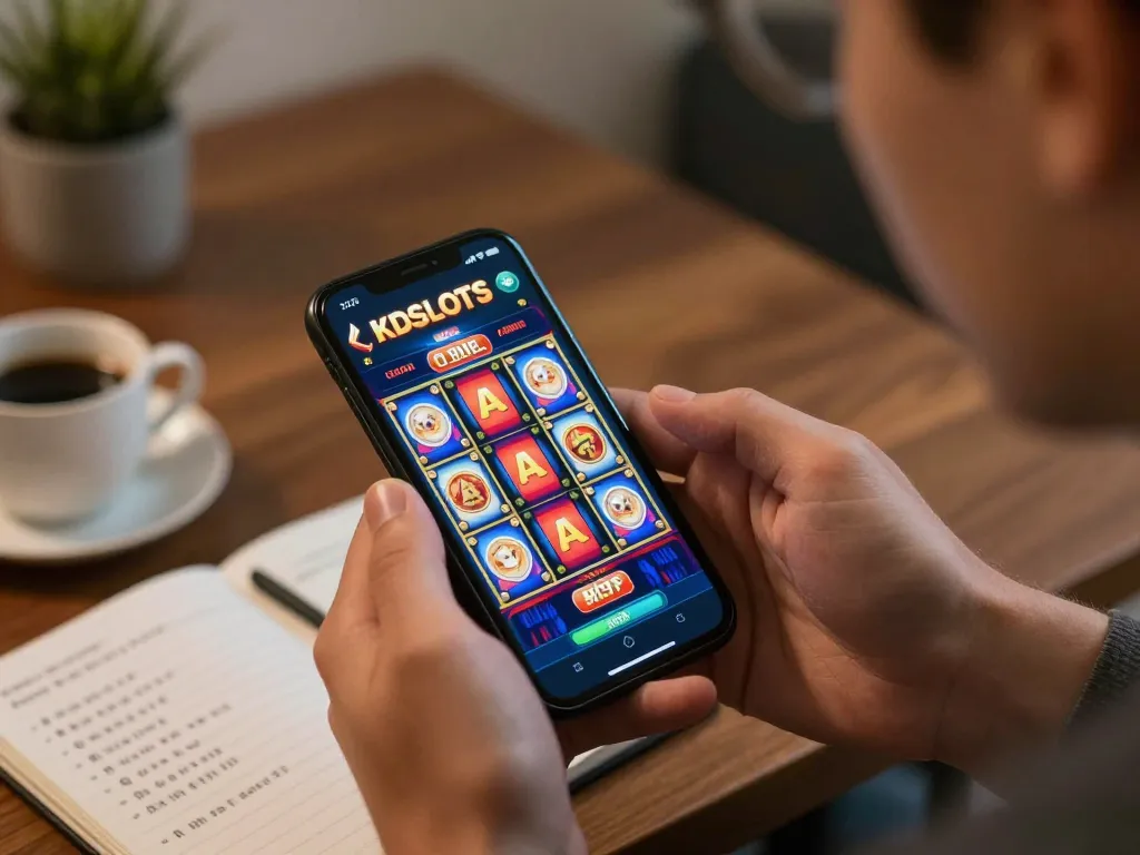Engage with kdslot through mobile gaming, featuring user excitement and vibrant slot interface