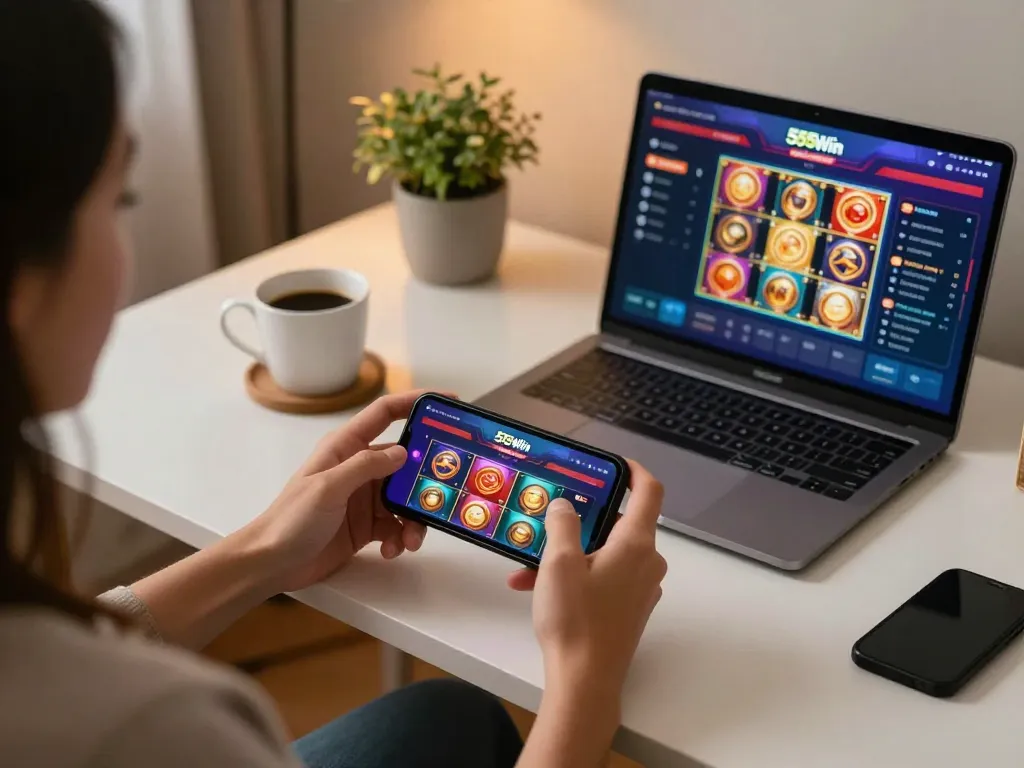 Engaging with 555win casino app, enjoying slots on smartphone at home.