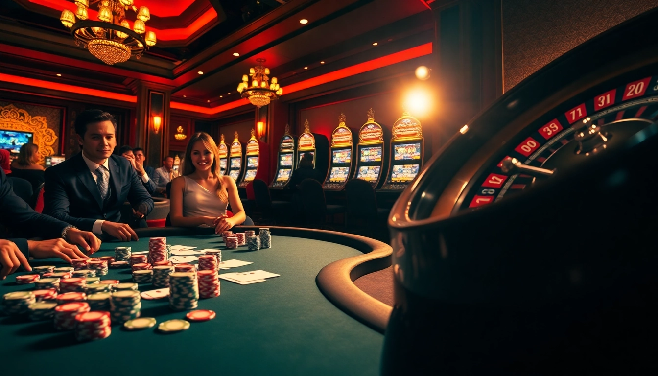 Engaging atmosphere at sodocasino with poker tables, roulette wheel, and slot machines.