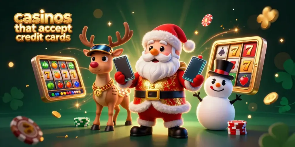 Experience the thrill at casinos that accept credit cards with Santa and friends celebrating big wins.