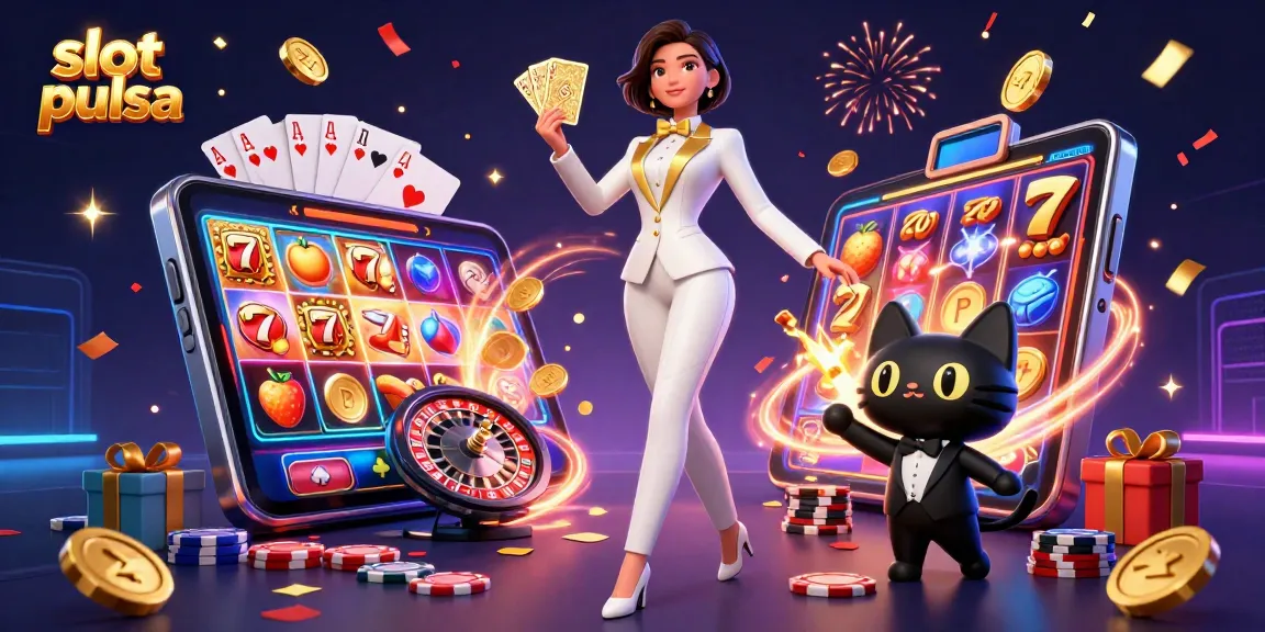 Play exciting slot pulsa games with a glamorous dealer, vibrant slot reels, and golden coins!