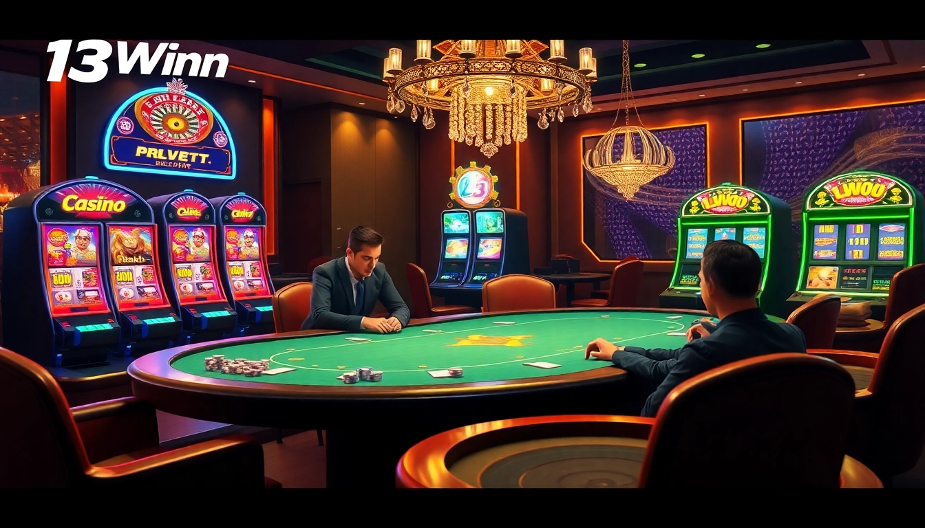 Players strategizing at a poker table in a luxurious 13Win casino setting.