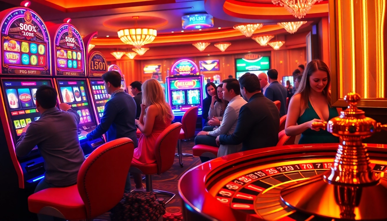 Players enjoying nekatwin gaming experience at colorful slot machines in a luxurious casino atmosphere.