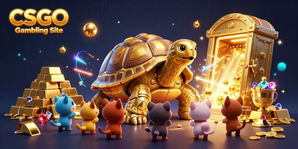Dynamic scene illustrating the excitement at a CSGO Gambling Site with a colossal golden tortoise pinball machine.