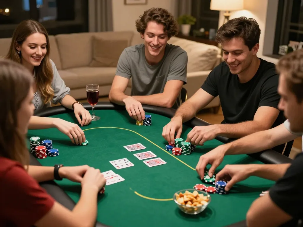 Friends enjoying Texas Hold'em poker night at home, showcasing strategy and fun while playing together with amigogrillandco.