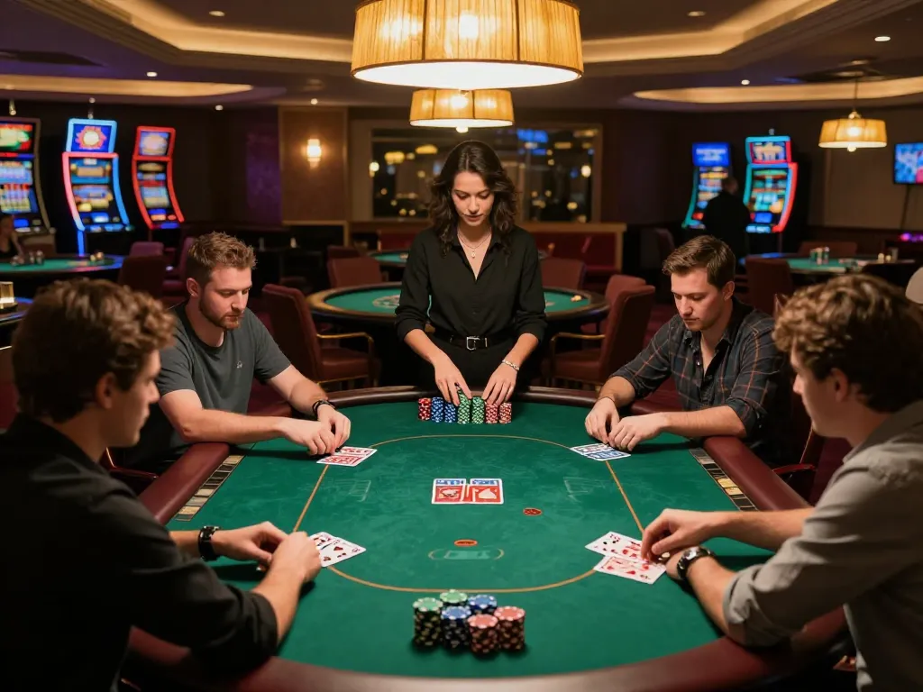 Players strategizing at 888newcasino poker table illuminated by elegant lighting.