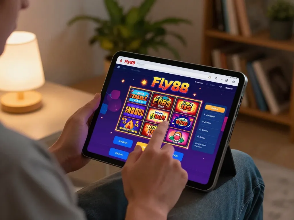 Engaging with the Fly88 app showcasing vibrant slot games and live dealer options in a cozy home setting.