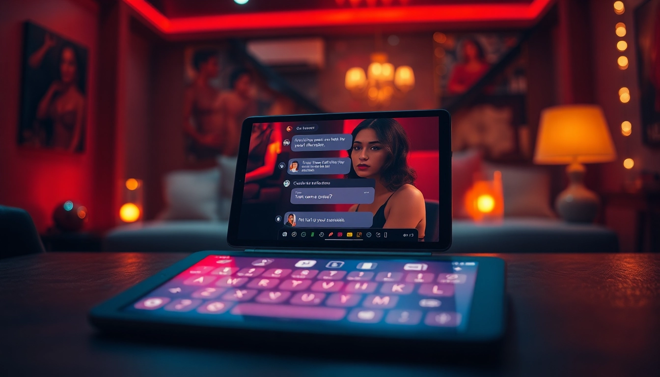 Experience immersive ai chat porn with a seductive AI character on a sleek device in an intimate setting.