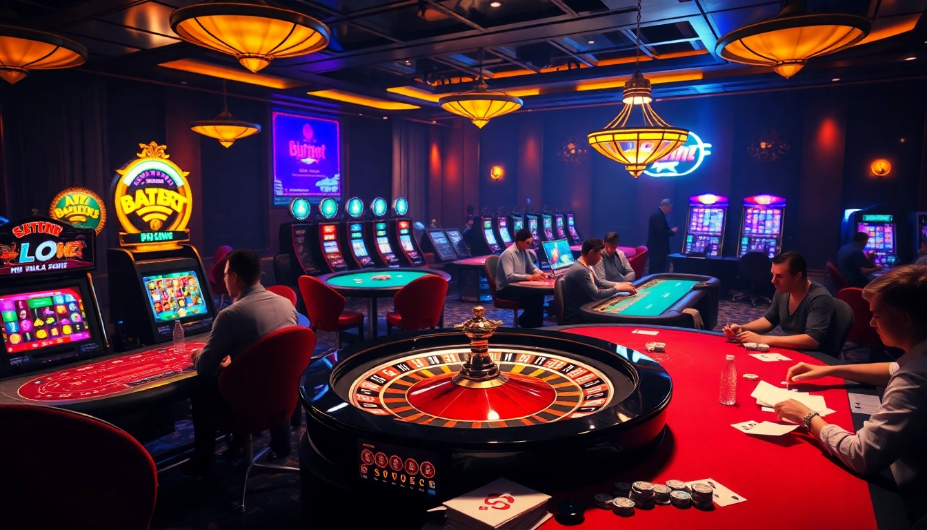 Engaging scene of a casino with lively games showing Tool xổ số siêu tốc in action, cards, and roulette.