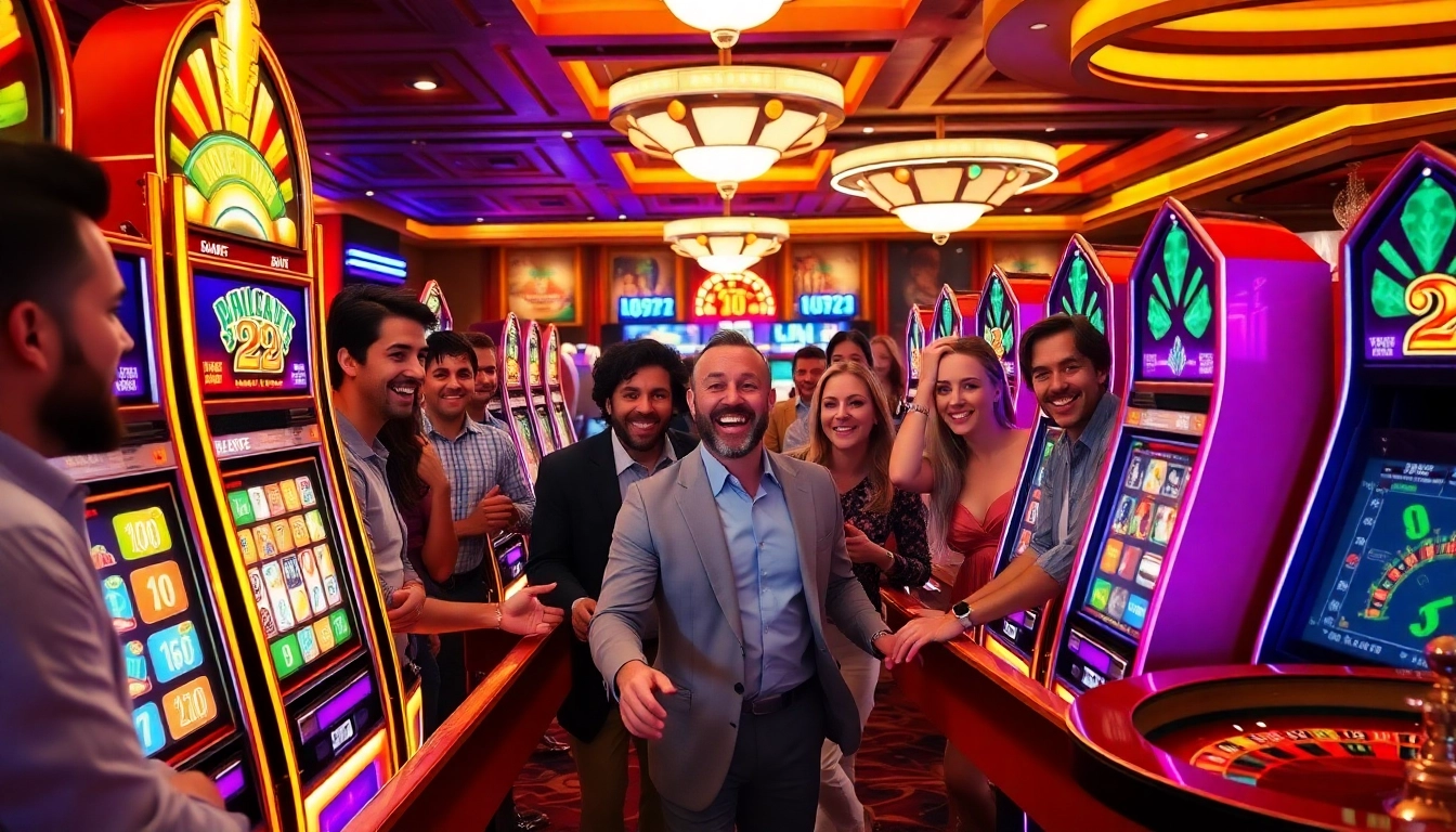 Players enjoying thrilling slot online games in a vibrant casino atmosphere with neon lights.