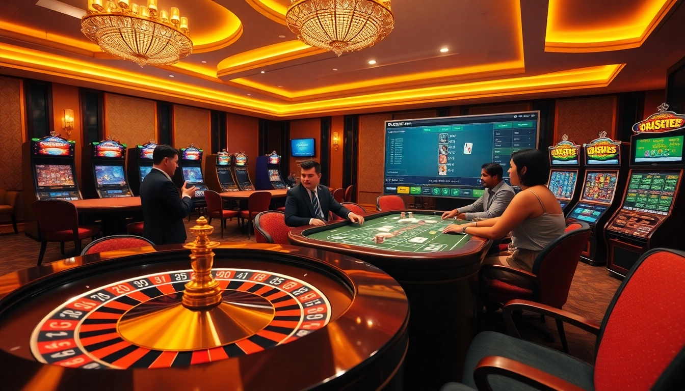 Gamblers enjoying vibrant games at rr88wang.com with roulette and colorful slot machines.