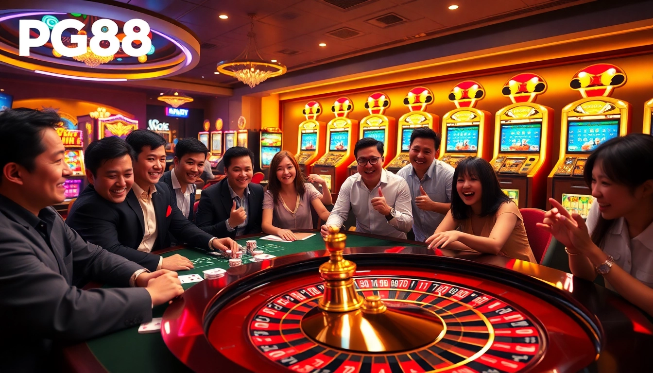 Experience pg88 with players at a bustling casino table, showcasing excitement and luxury in gambling.