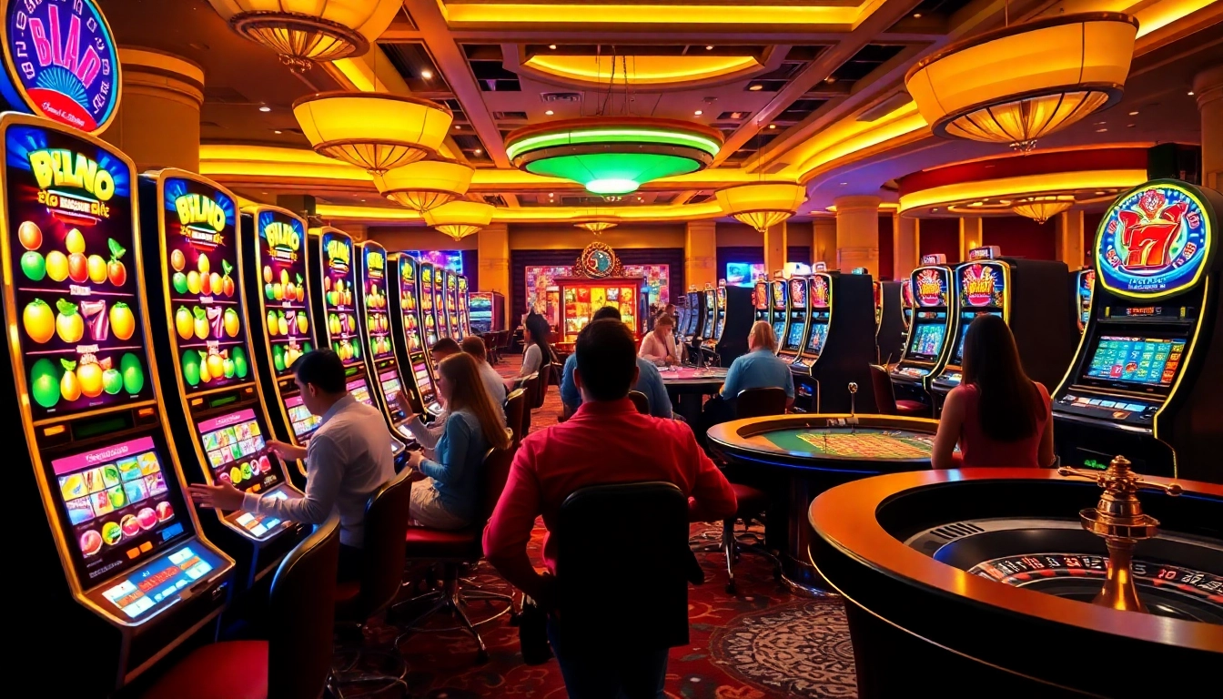 Players enjoying the slot bonus new member offer at a luxurious casino, surrounded by colorful slot machines.