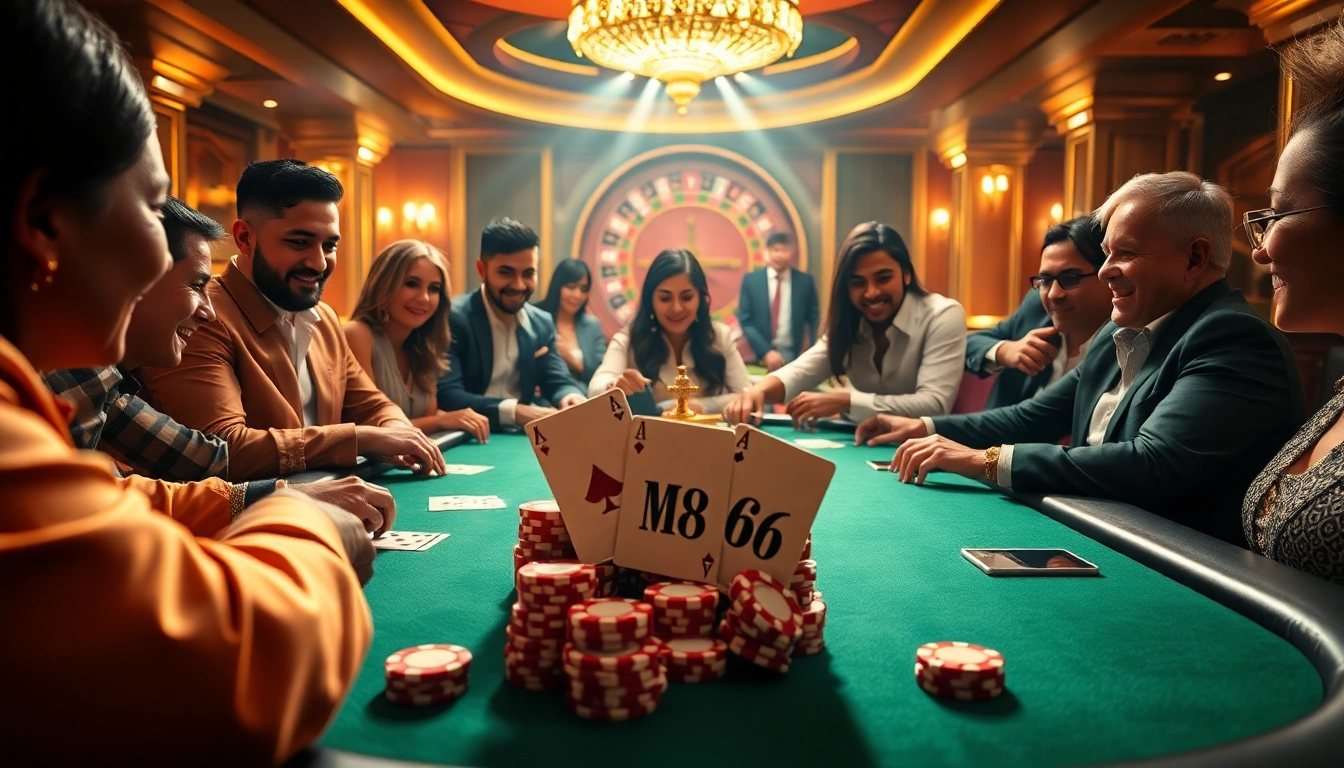 Engage in thrilling poker action with MB66 logo chips on a beautifully set table.