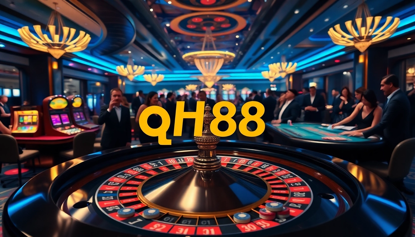 Players experience excitement at qh88 casino with roulette, slots, and vibrant atmosphere.