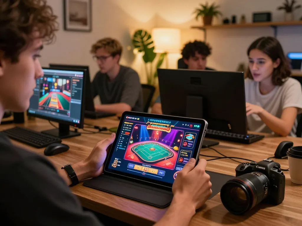 ผู้เล่นเพลิดเพลินกับเกมออนไลน์บนแท็บเล็ต 11-hd แสดงให้เห็นถึงอินเตอร์เฟซคาสิโนที่มีชีวิตชีวาในบรรยากาศของบ้านที่อบอุ่น