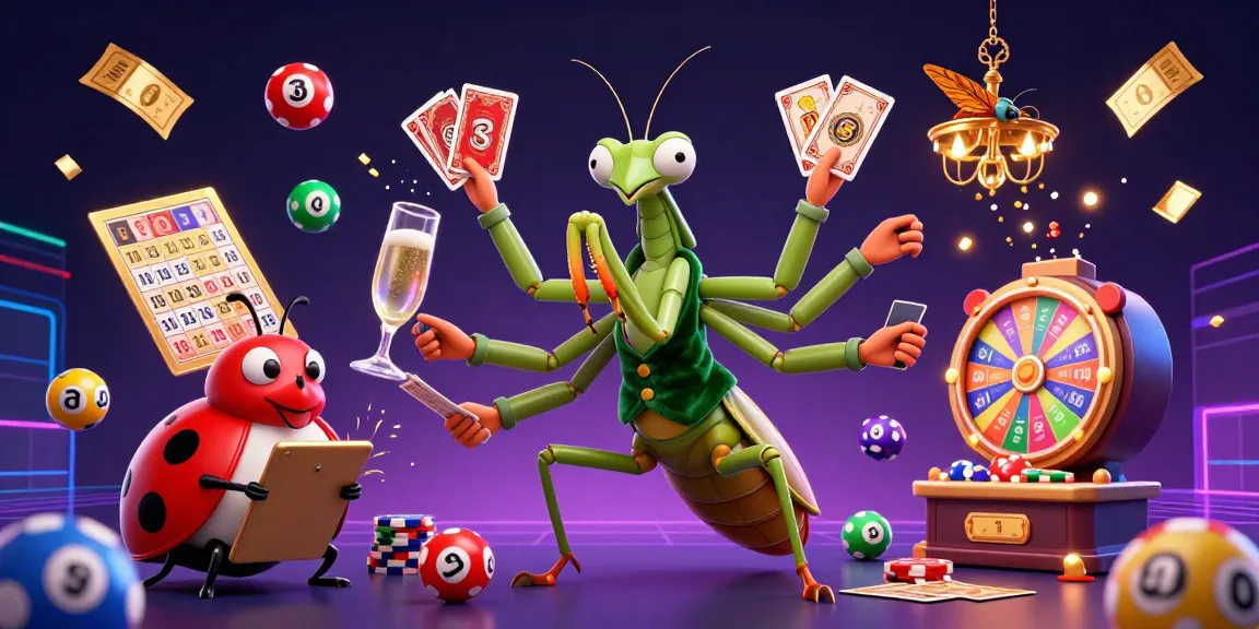 ATAS vibrant 3D casino illustration showcasing a giant praying mantis and a ladybug pit boss amidst dynamic lottery elements and celebrations.