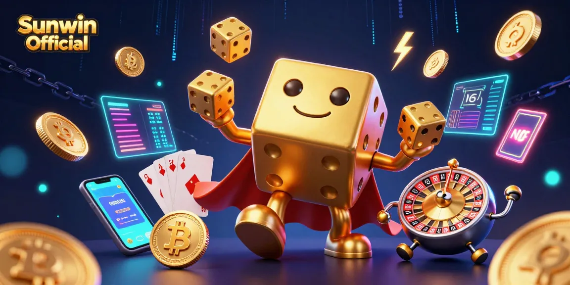 Win big at Sunwin Official as the golden dice golem juggles stacks of coins in a vivid digital casino.