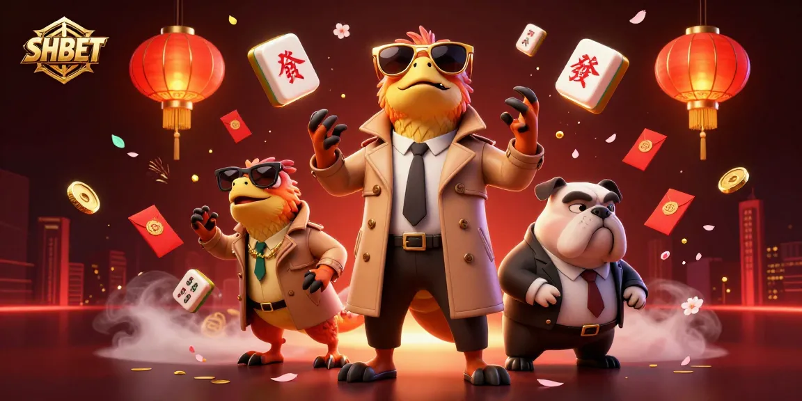 SHBET raptors entering a VIP lounge, surrounded by dynamic casino elements like mahjong tiles and lanterns