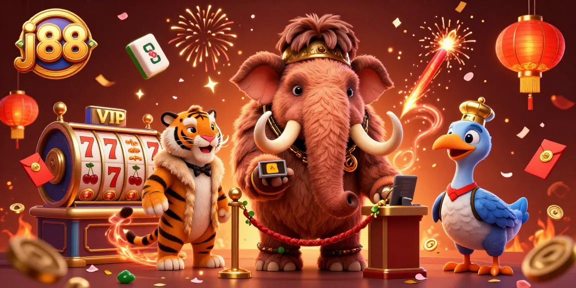 Experience the excitement at j88 with a detailed casino scene featuring unique characters and festive elements.