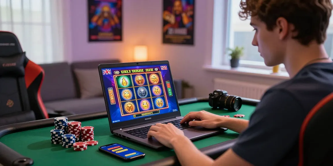 Player enjoying new UK slot sites on a laptop surrounded by casino elements at home.