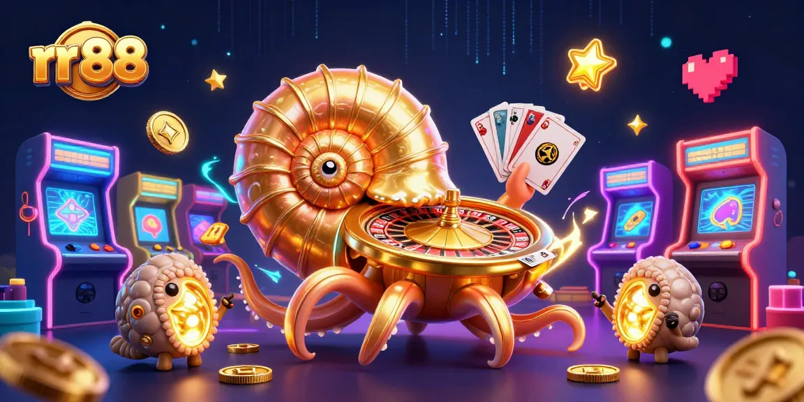 Engage with rr 88 in an exciting 3D casino scene featuring vibrant games, cards, and neon lights.
