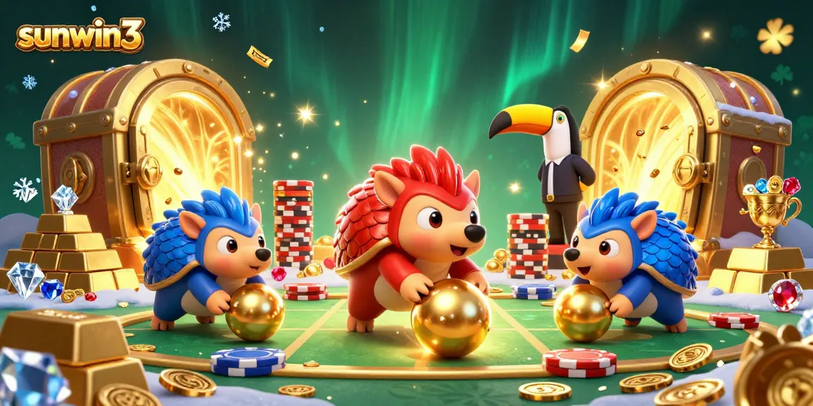 Experience thrilling gameplay with sunwin3 as rival pangolins compete in a vibrant casino scene filled with treasures.