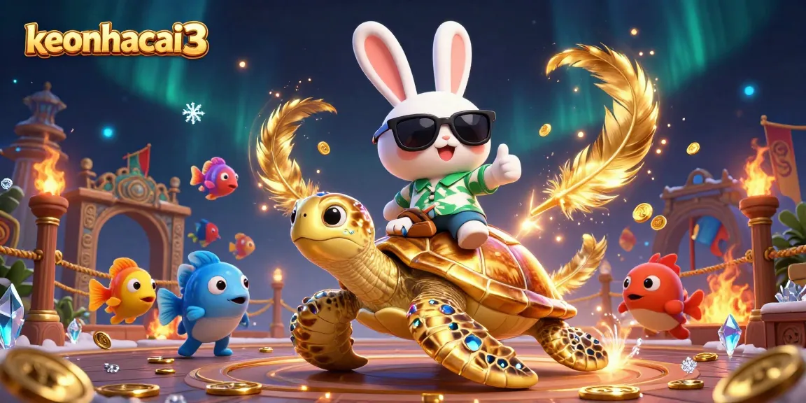 Engaging keonhacai3 scene with lucky rabbit and sea turtle in a vibrant casino setting.